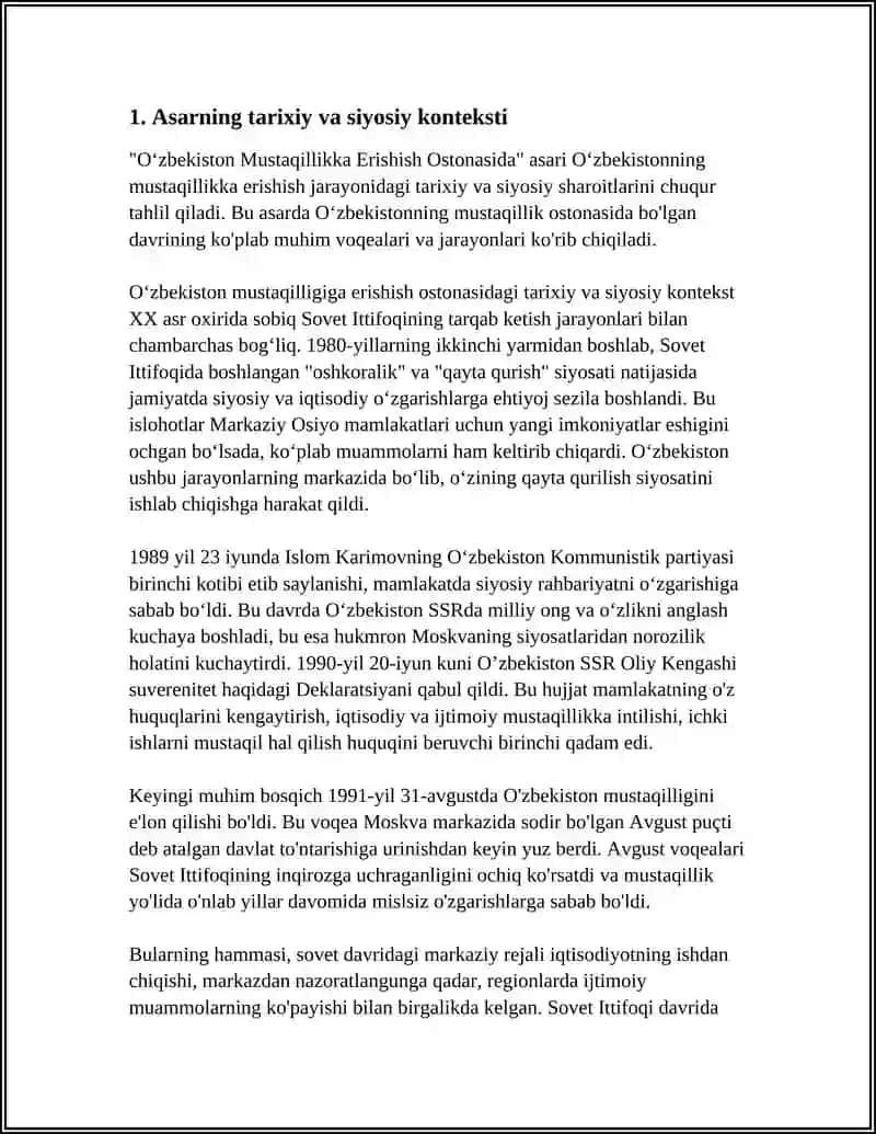 OʻZBEKISTON MUSTAQILLIKKA ERISHISH OSTONASIDA ASARI 4