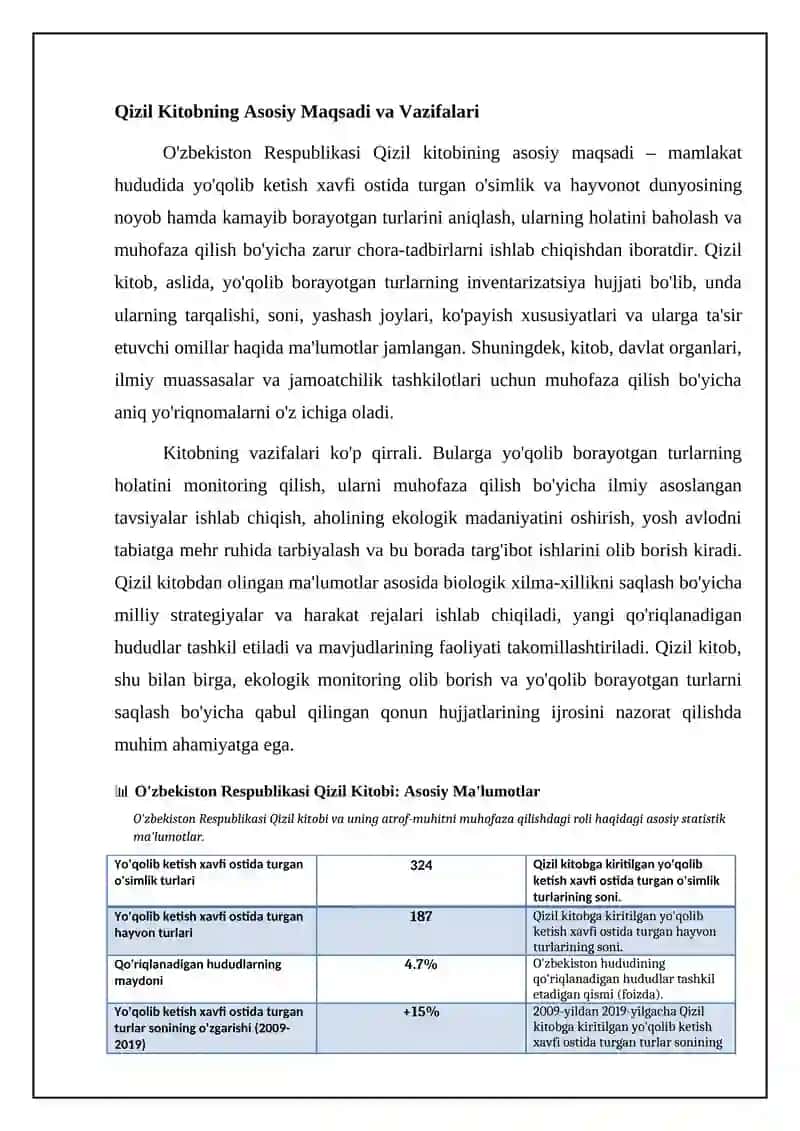 O‘zbekiston Respublikasi “Qizil kitobi” va uning atrof-muhitni muhofaza qilishdagi o‘rni 4