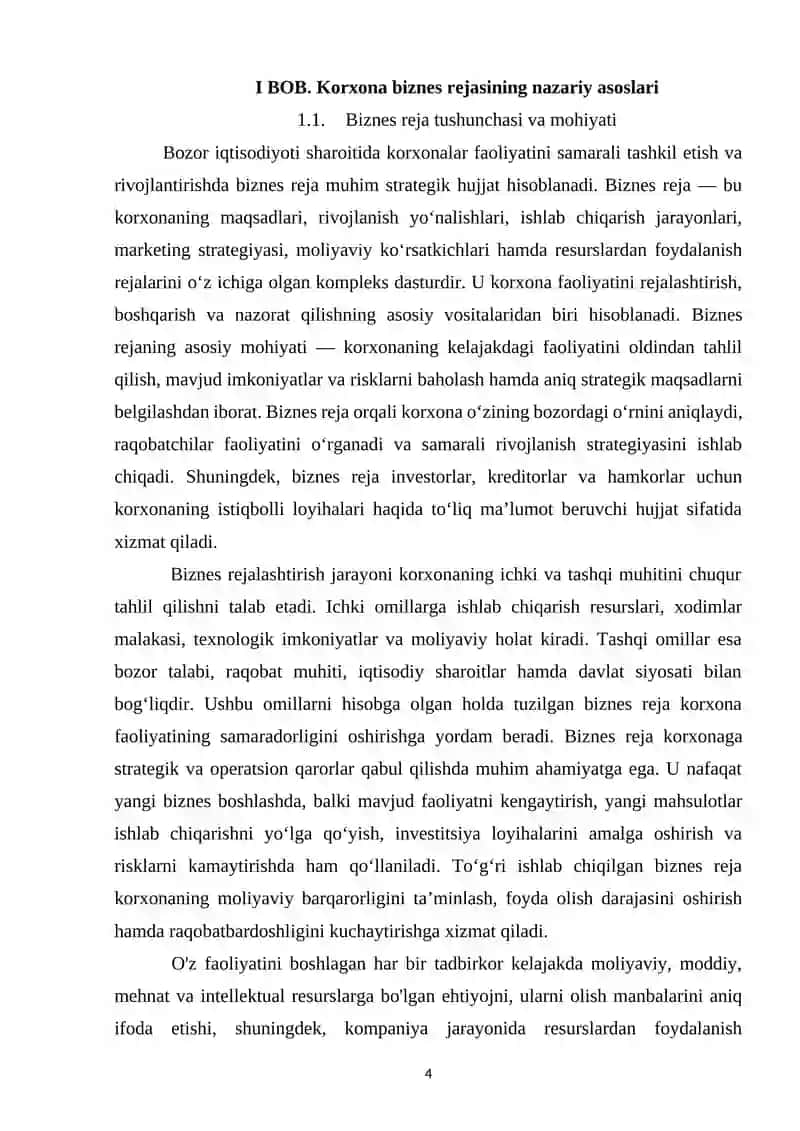 Korxona biznes rejasi va uning asosiy bo'limlari 4