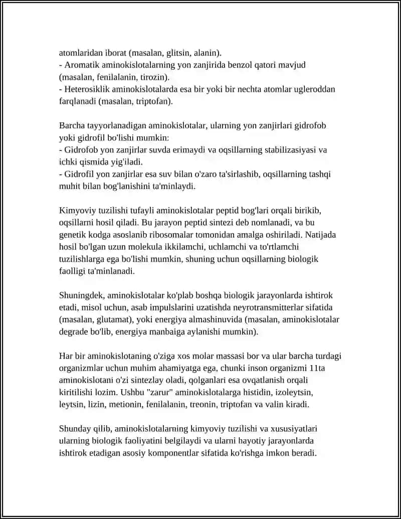AMINO KISLOTALAR TUZILISHI XOSSALARI VA BIOLOGIK AXAMIYATI 4