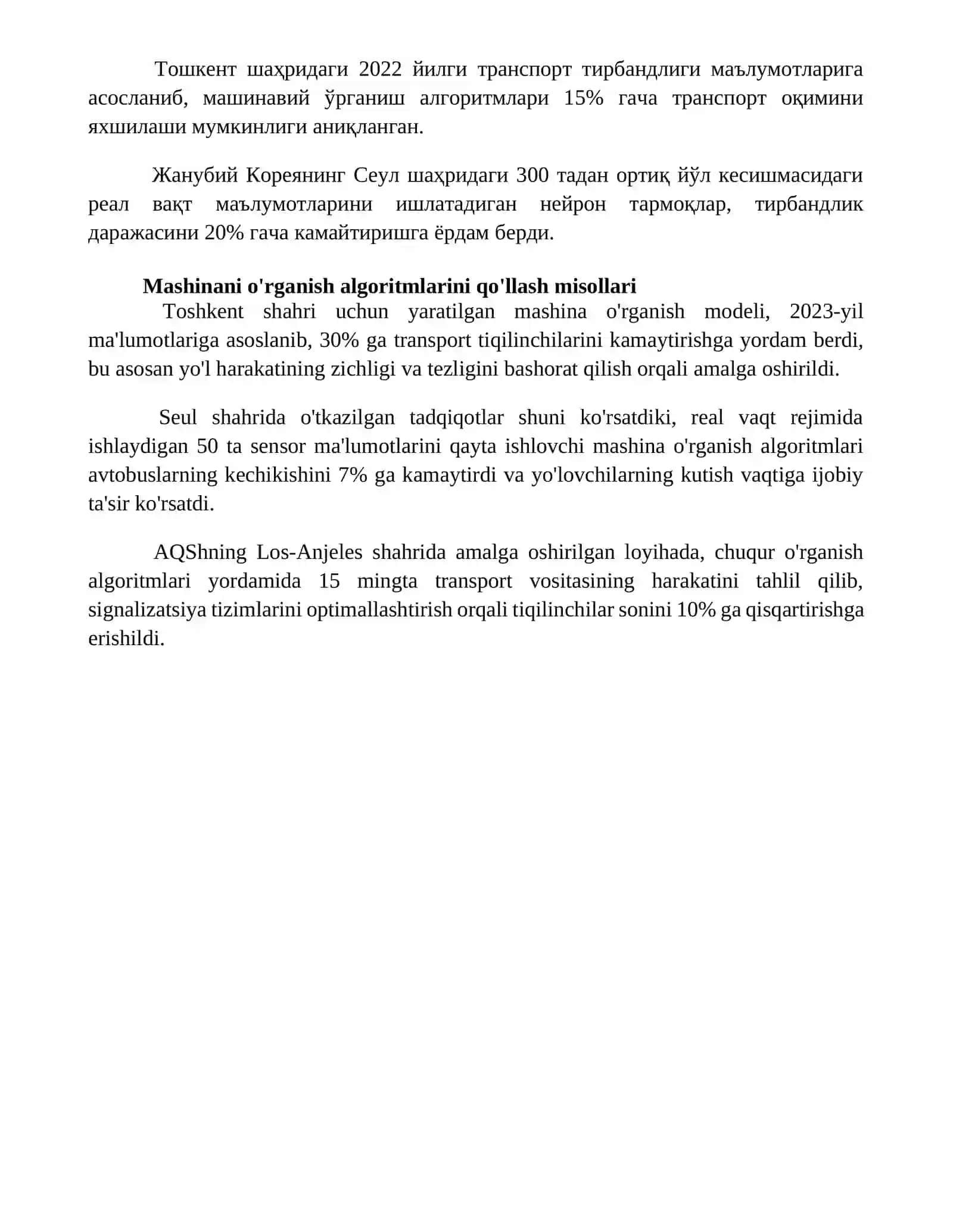 Mashinaviy o'qitish algoritmlari asosida tirbandlikni bartaraf etish 4
