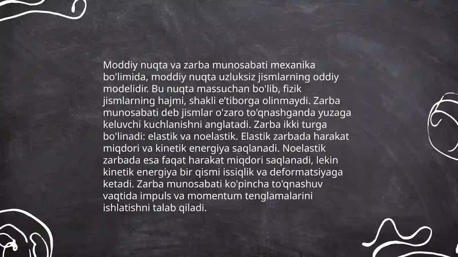 Zarba nazariyasi.Zarbali kuchning moddiy nuqtaga ta'siri Ikki jismning markaziy tug'ri zarbasi 4