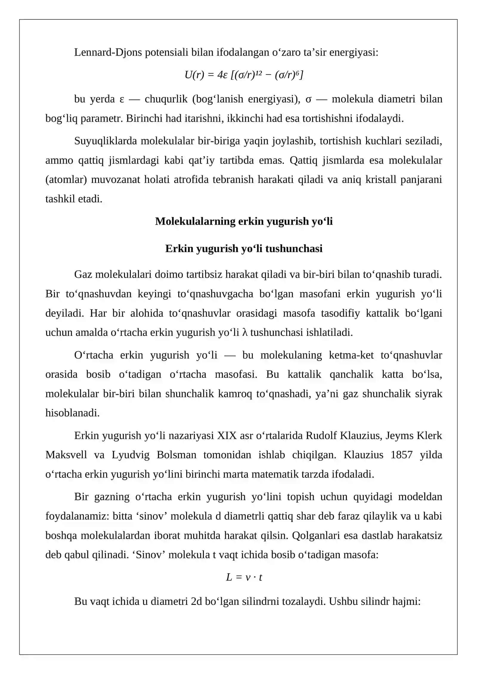 Molekulalarning erkin yugurish yo‘li. Diffuziya 4