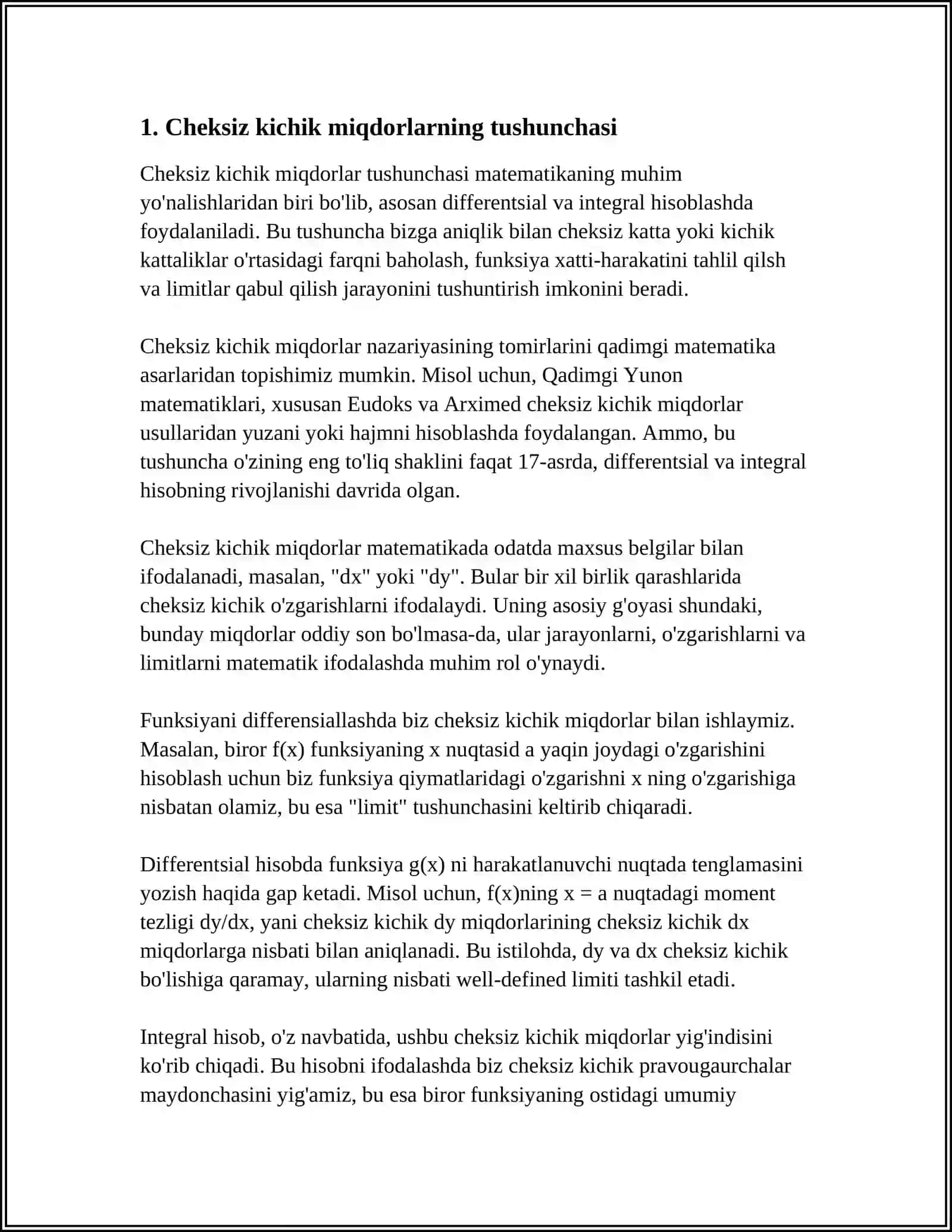 CHEKSIZ KICHIK MIQDORLARNI TAQQOSLASH.EKVIVALENT CHEKSIZ KICHIK MIQDORLAR.LIMITLARNI HISOBLASHDA ULARDAN FOYDALANISH 4