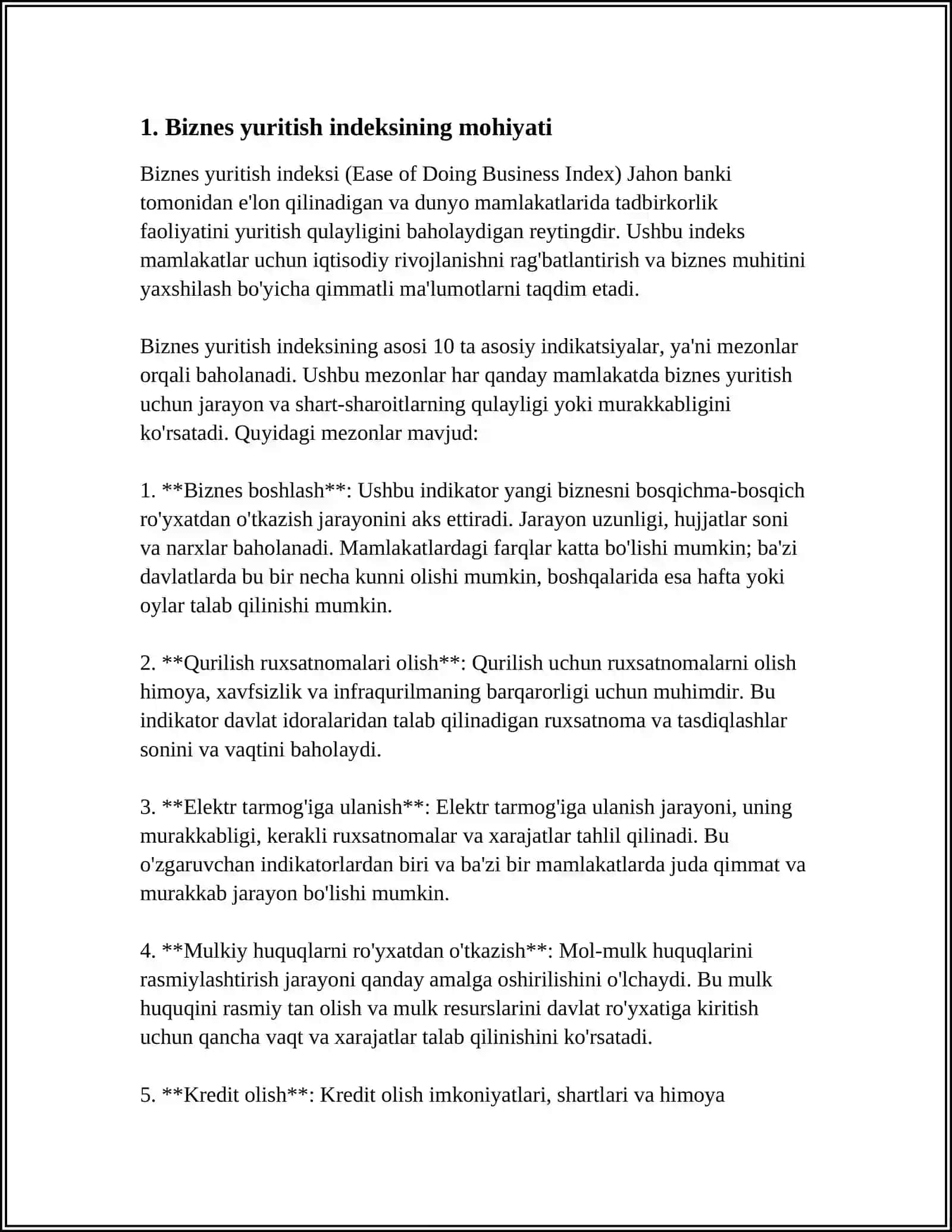 O'ZBEKISTONNING "BIZNES YURITISH INDEKSI", BOSHQARUV SIFATI INDIKATORLARIDA TUTGAN ORNI 4