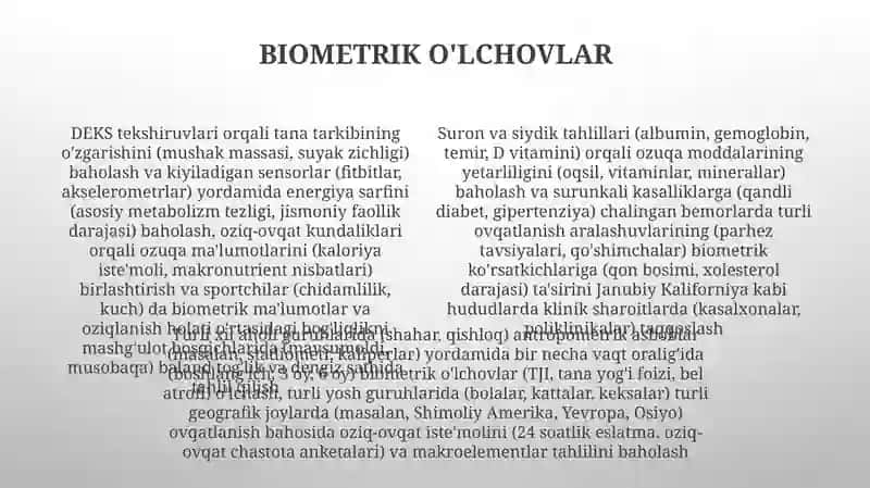 Shaxsiy ovqatlanishning adekvatligini oʻrganish va Baholash 4