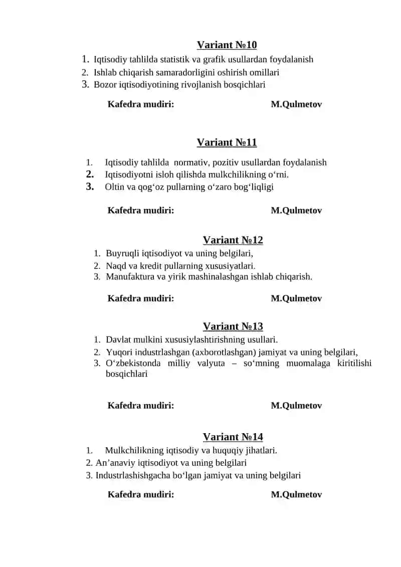 "IQTISODIYOT NAZARIYASI" FANIDAN YAKUNIY NAZORAT SAVOLLARI 4