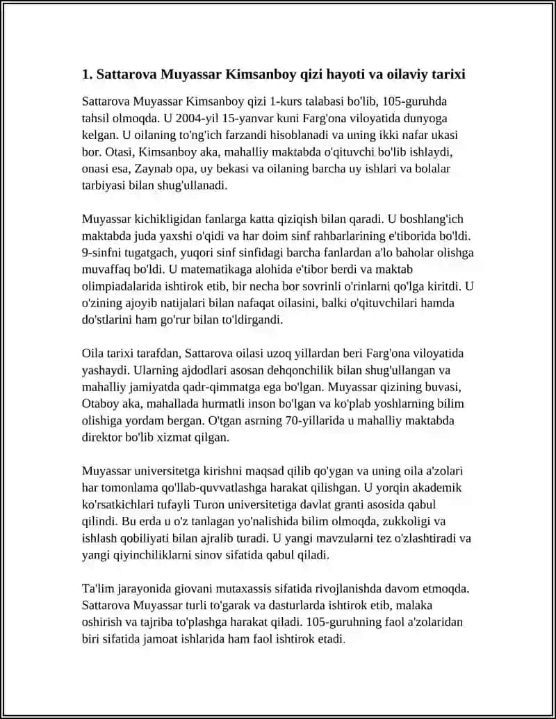 SATTAROVA MUYASSAR KIMSANBOY QIZI 1-KURS 105-GURUH 4