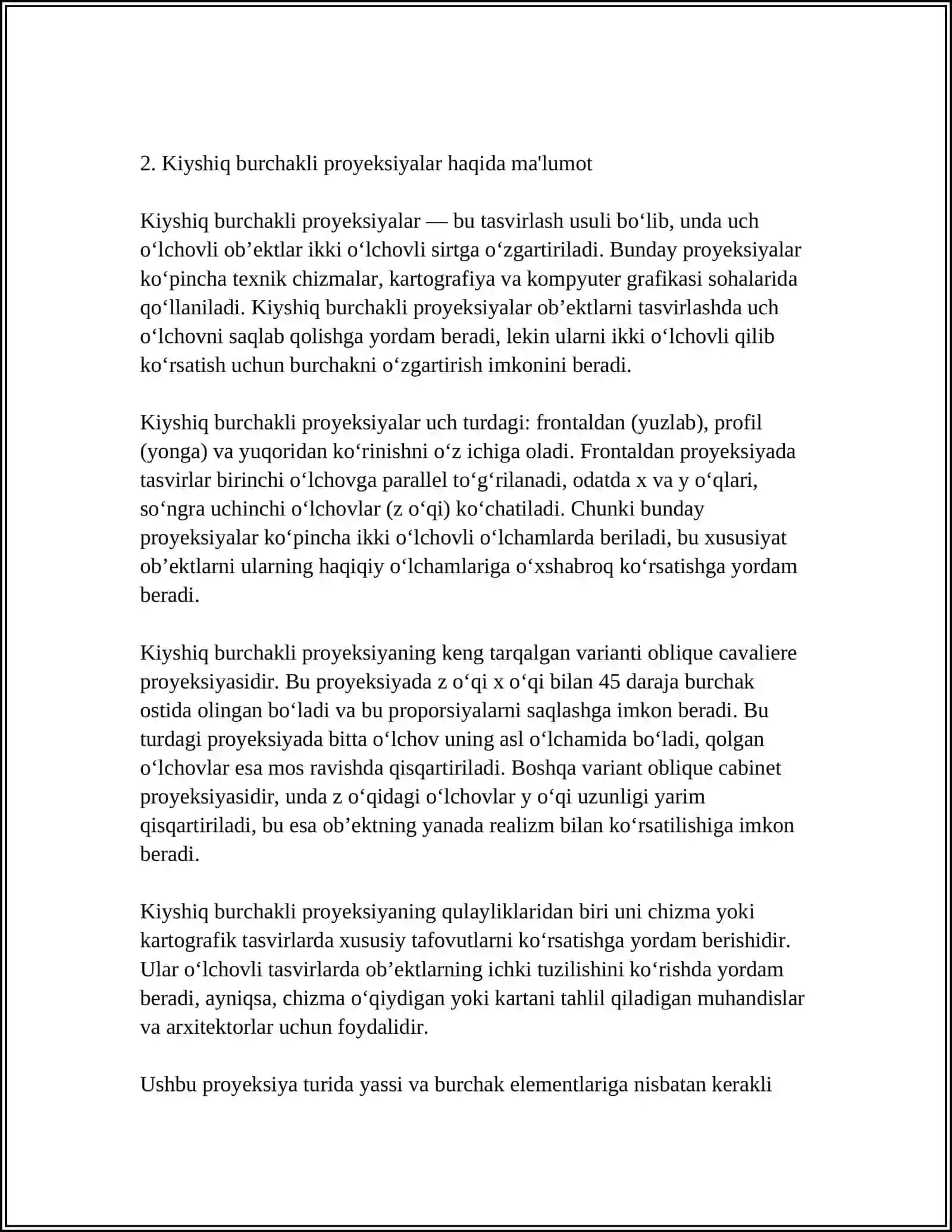 AKSONOMETRIK PROYEKSIYALAR. QIYSHIQ VA TOGRI BURCHAKLI PROYEKSIYALAR. DIMETRIYA 4