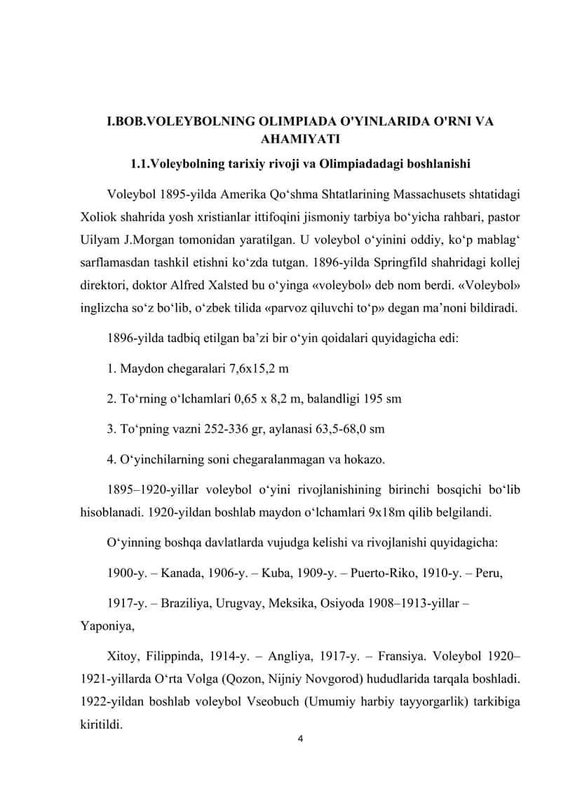 Voleybolning paydo bo’lishi va olimpiadaga kirib kelishi. 4