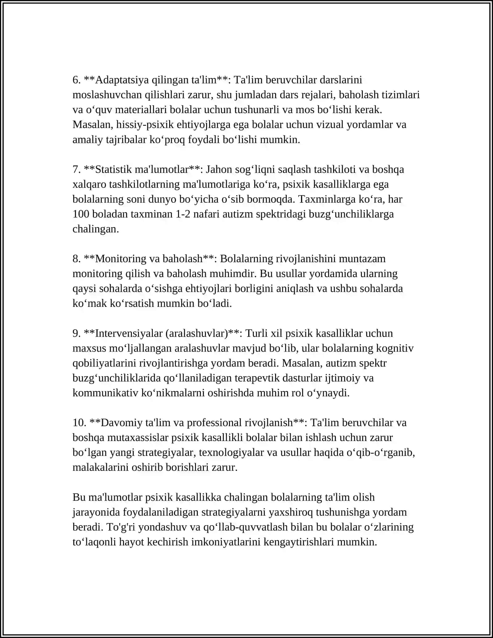 PSIXIK VA NERVOLOGIK KASALLIKKA CHALINGAN BOLALARDA MAKTABGACHA VA UMUMIY ORTA TALIMNI TASHKIL ETISH 4