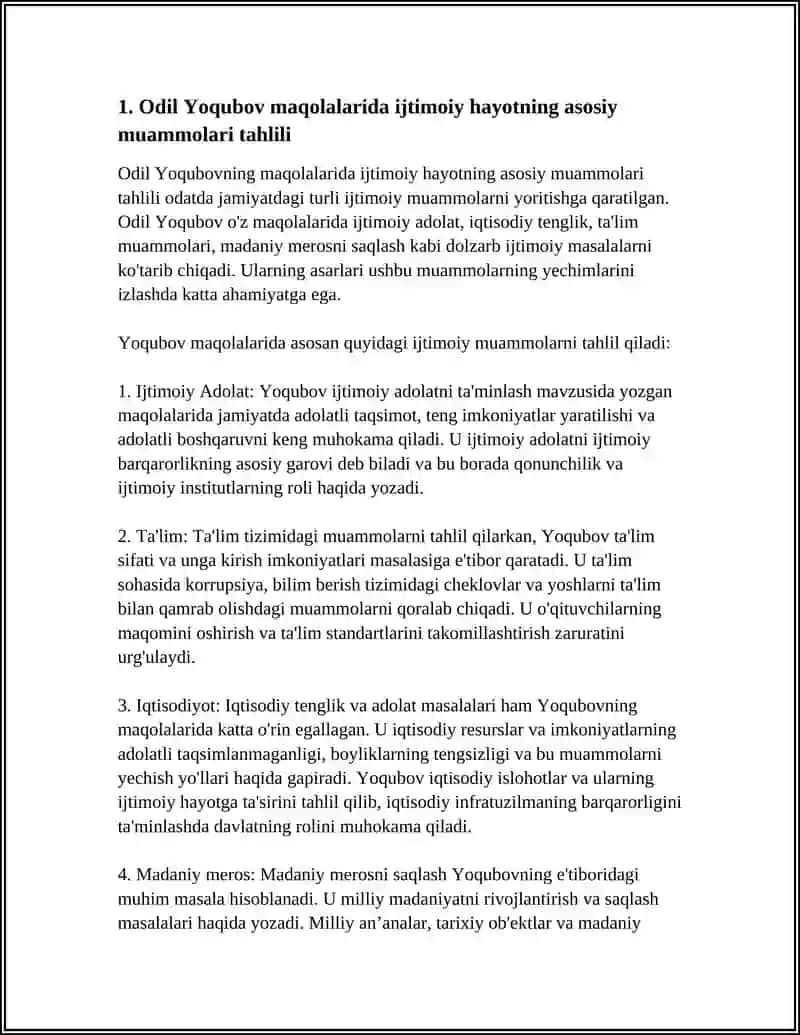 ODIL YOQUBOVNING MAQOLALARIDA IJTIMOIY HAYOT TASVIRI:MUAMMOLAR YECHIMLARI. ODIL YOQUBOVNING MILLIY MATBUOTDA TUTGAN O'RNI 4