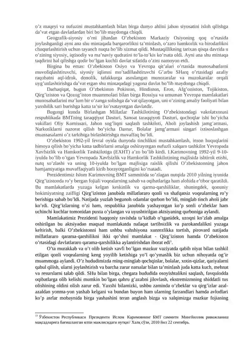 O’zbekistonning birinchi Prezidenti I.A.Karimovning BMT sessiyalarida ko’targan olamshumul tashabbuslari - ikki tomonlama hamkorlikning istiqbolini belgilovchi muhim omil 4