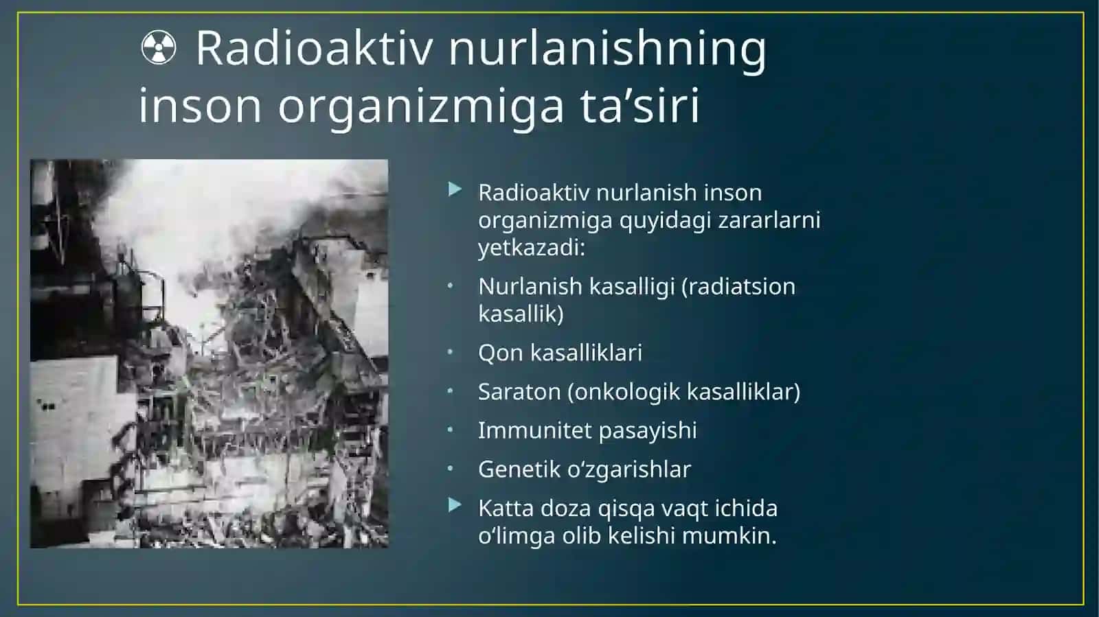 Radiaktiv,kimyoviy va bakterialagik zaxarlanish xavfli signallari boyicha harakatlanish 4