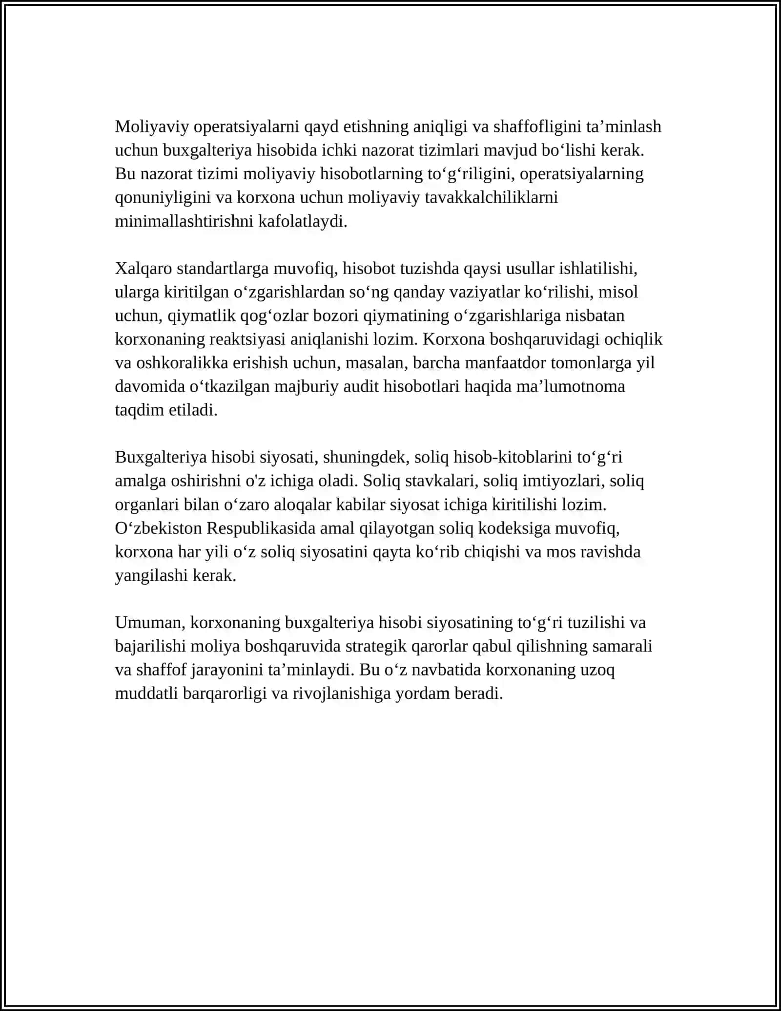 MUSTAQIL ISH Mavzu: KORXONANING HISOB SIYOSATI VA BUXGALTERIYA HISOBINI TASHKIL ETISH 4