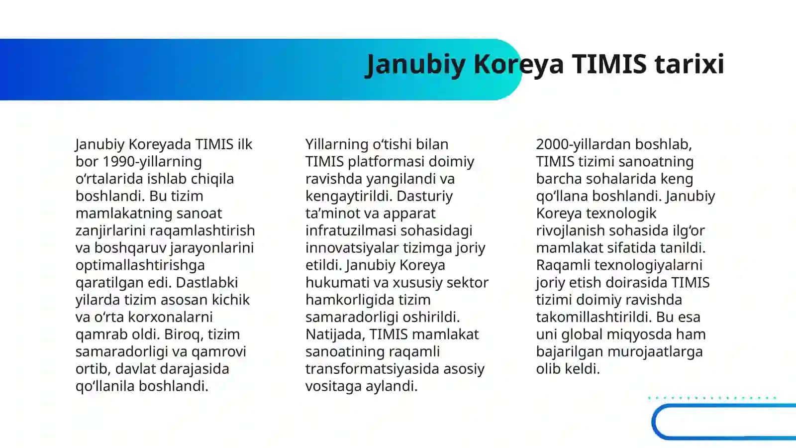 TIMIS BO'YICHA JANUBIY KOREYA TAJRIBASINI TAHLIL QILISH 4