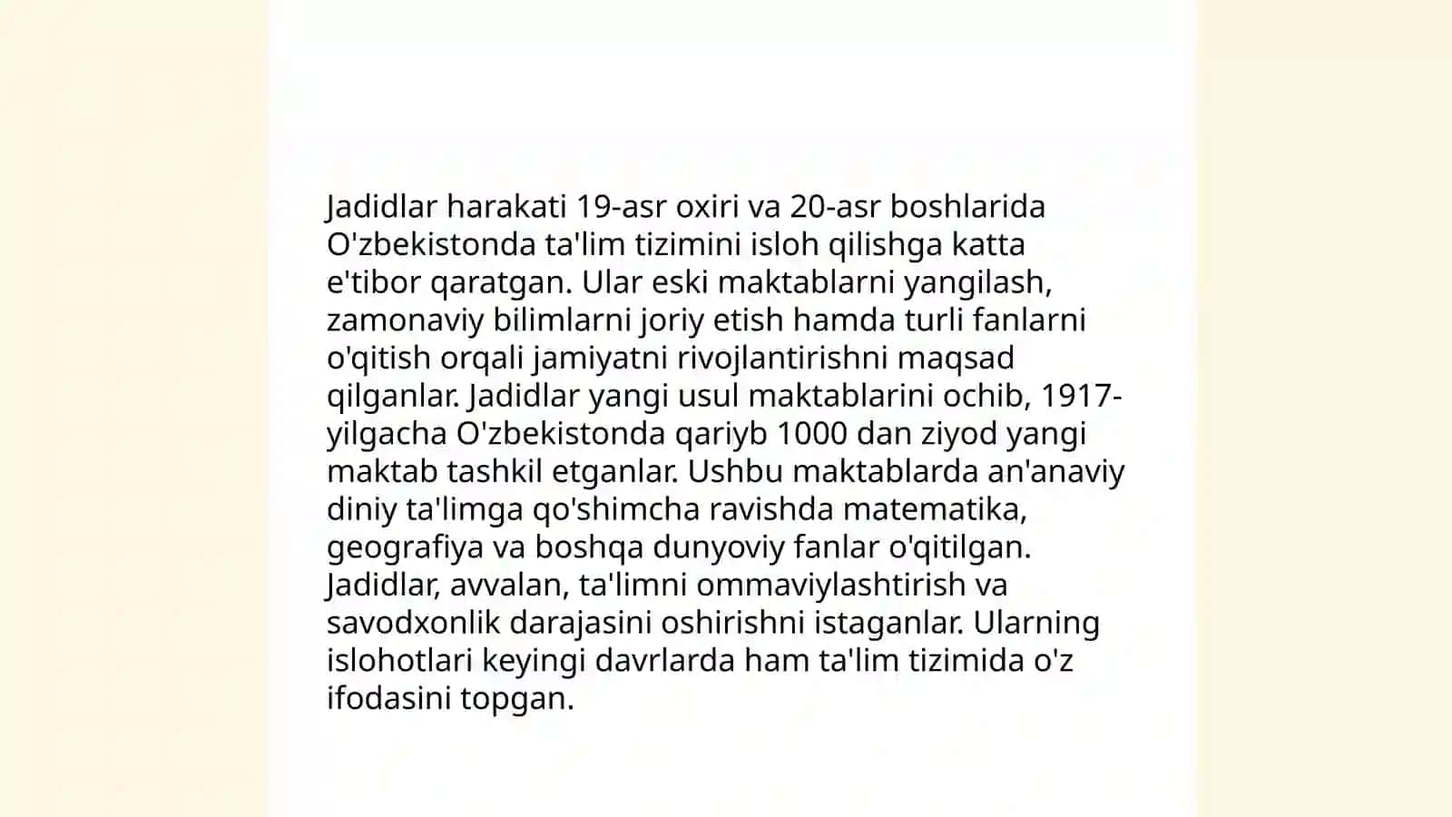 Jadid ma'rifatparvarlaring oʻlka ijtimoiy-ma'naviy hayotida tutgan oʻrni 4