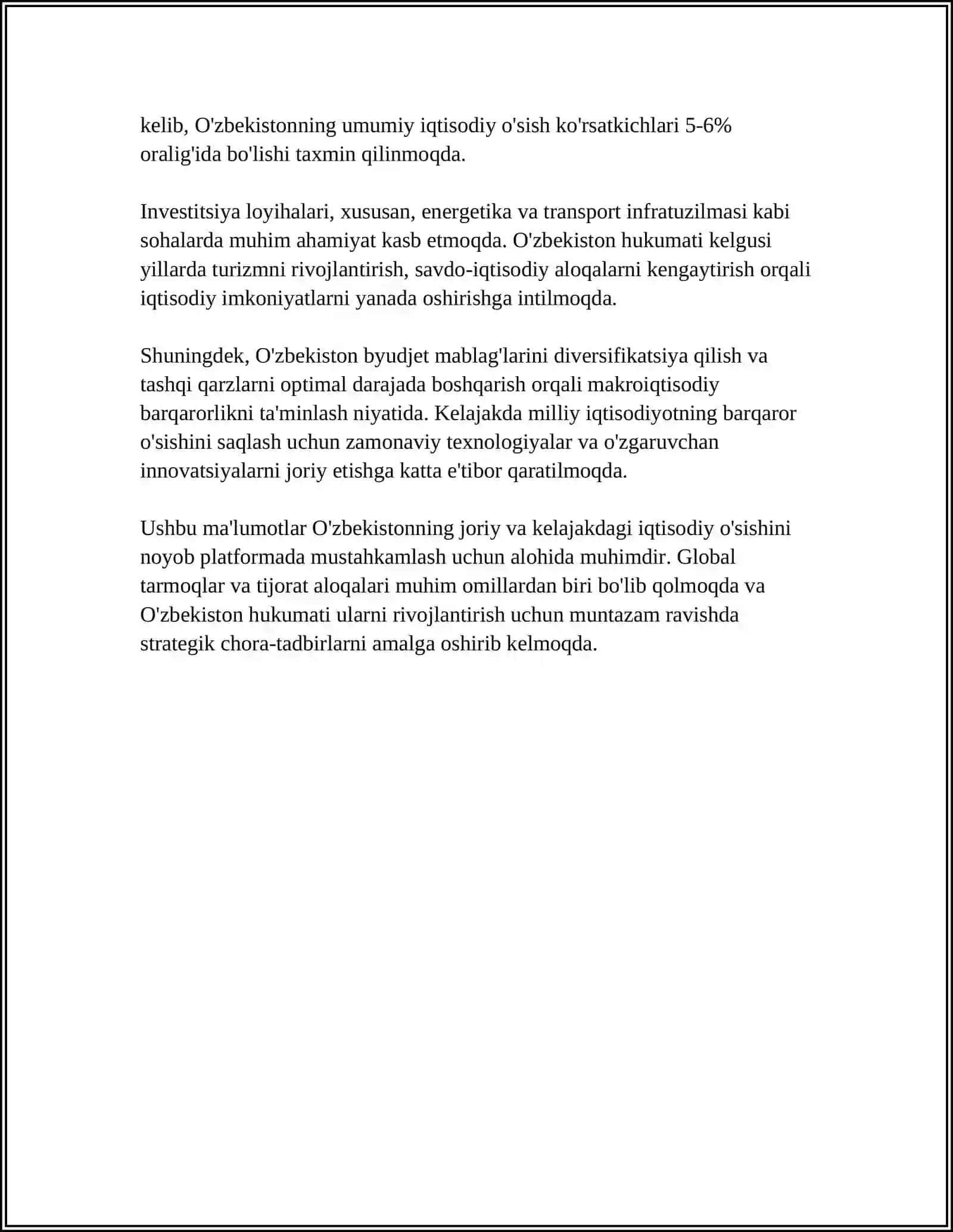MUSTAQIL ISH Mavzu: O‘ZBEKISTON MILLIY IQTISODIYOTINING RIVOJLANISH DINAMIKASI VA MAKROIQTISODIY BARQARORLIK TAHLILI 4