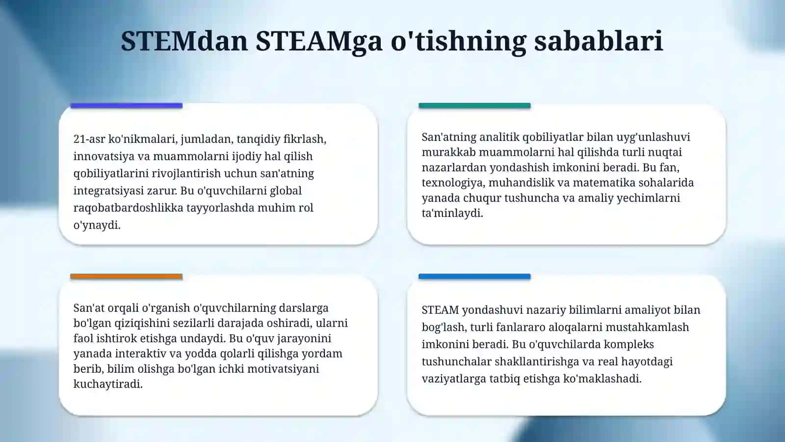 STEM va STEAMning rivojlanishi.STEMning STEAMga aylanishi va takomillashtirilishi.Maktabgacha ta‘lim tashkikotida TEAM laboratoriyalarini tashkil etish 4