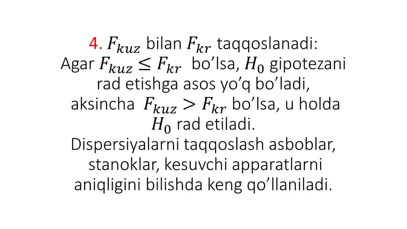Ikkita normal bo`sh to`plamlar dispersiyalari tengligi haqidagi gipotezani tekshirish 4