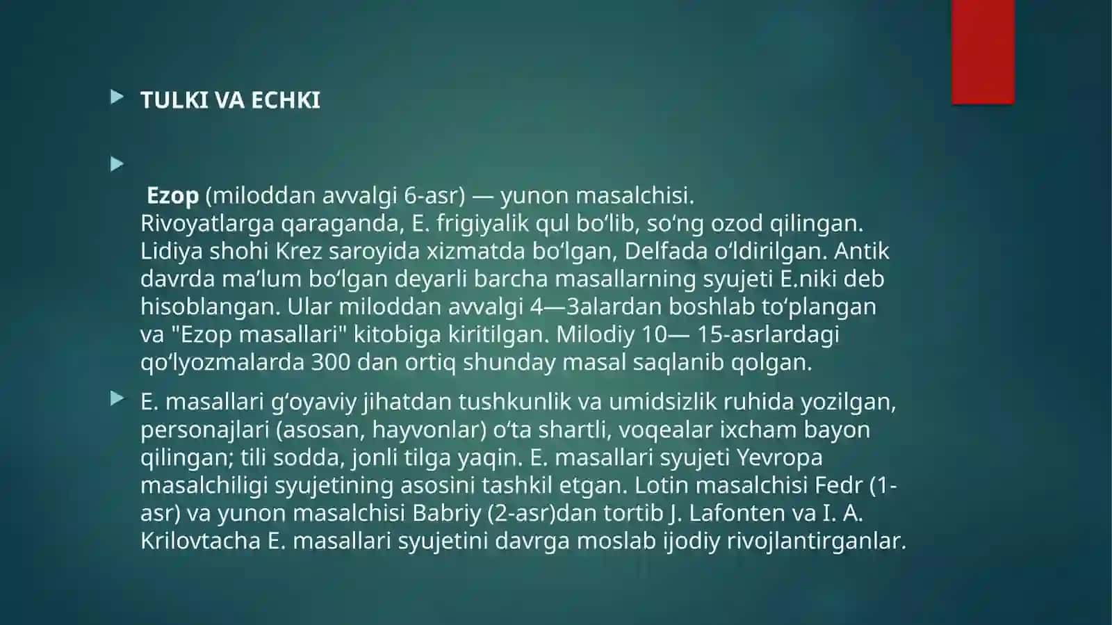 “Ezop va uning masallarida hayot ibratlari, insoniy xususiyatlarning yoritilishi” mavzusi 4
