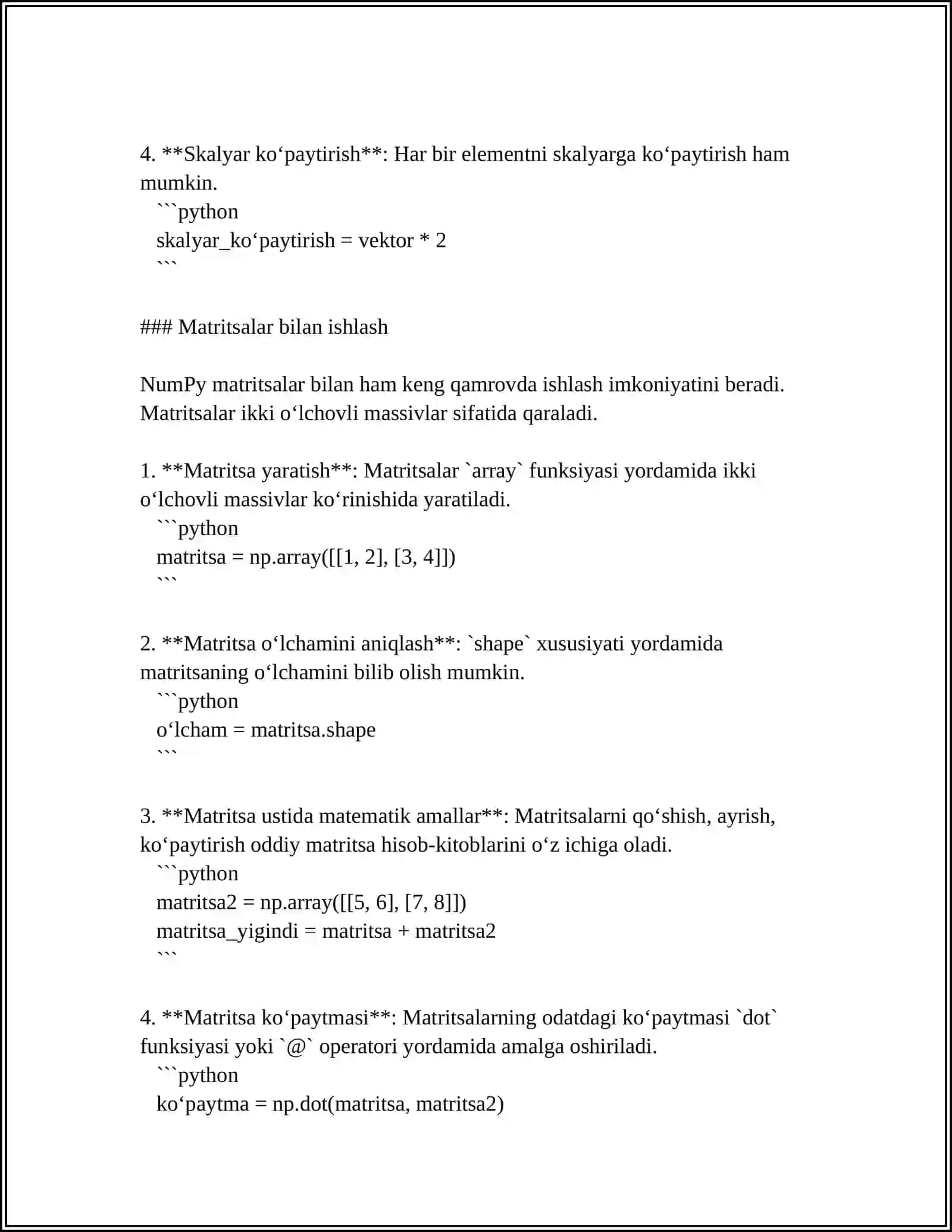 PYTHON/MATLAB DASTURIY VASITASINING SUN'IY INTELLEKDA QOʻLLANILADIGAN KUTIB HONALARI (NUMPY,SCIPY,KERAS,PANDAS,TENSORFLOW) 4