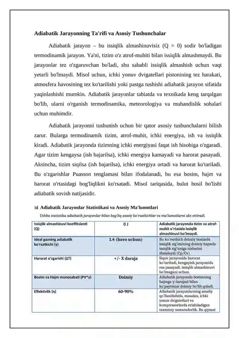 Adiabatik jarayon va unda boradigan jarayon 4