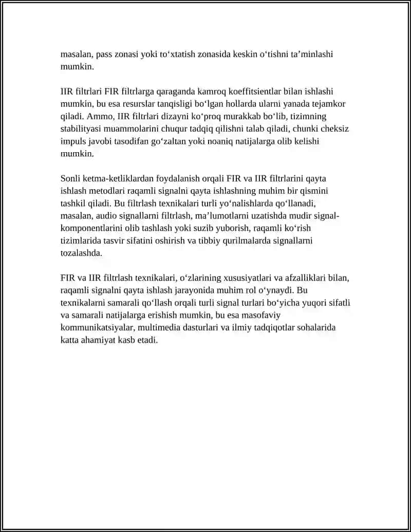 Raqamli ketma-ketliklar yordamida signallarni FIR va IIR filtrlash texnikalari 4