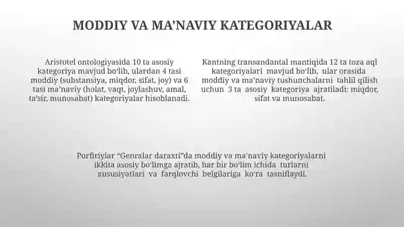 Aristotel,Forobiy va Kant ontologiyasida kategoriyalarning tasnifi 4