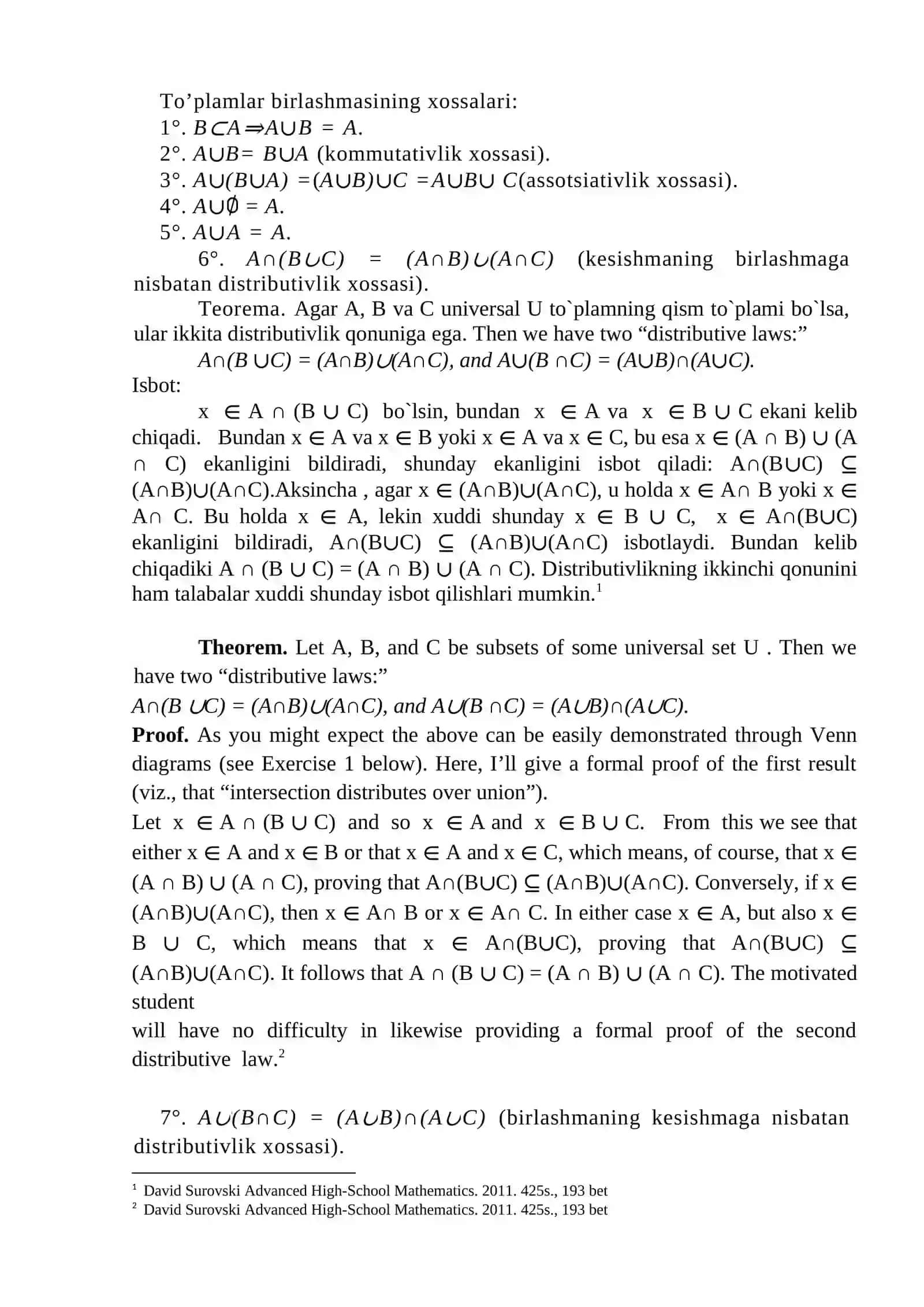 To`plamlarning kеsishmasi, birlashmasi, ikki to`plamning ayirmasi 4
