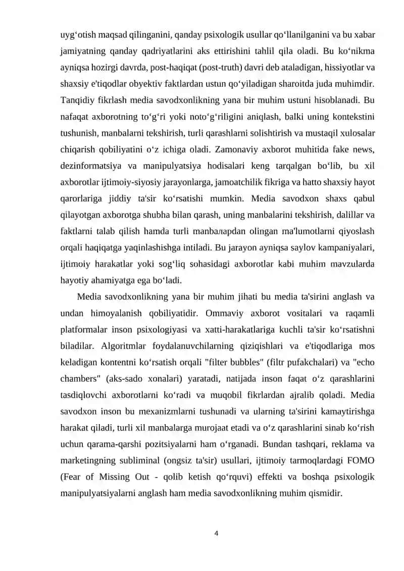 Media savodxonlik va axborot madaniyati fanining predmeti va jamiyat taraqqiyotidagi o‘rni 4