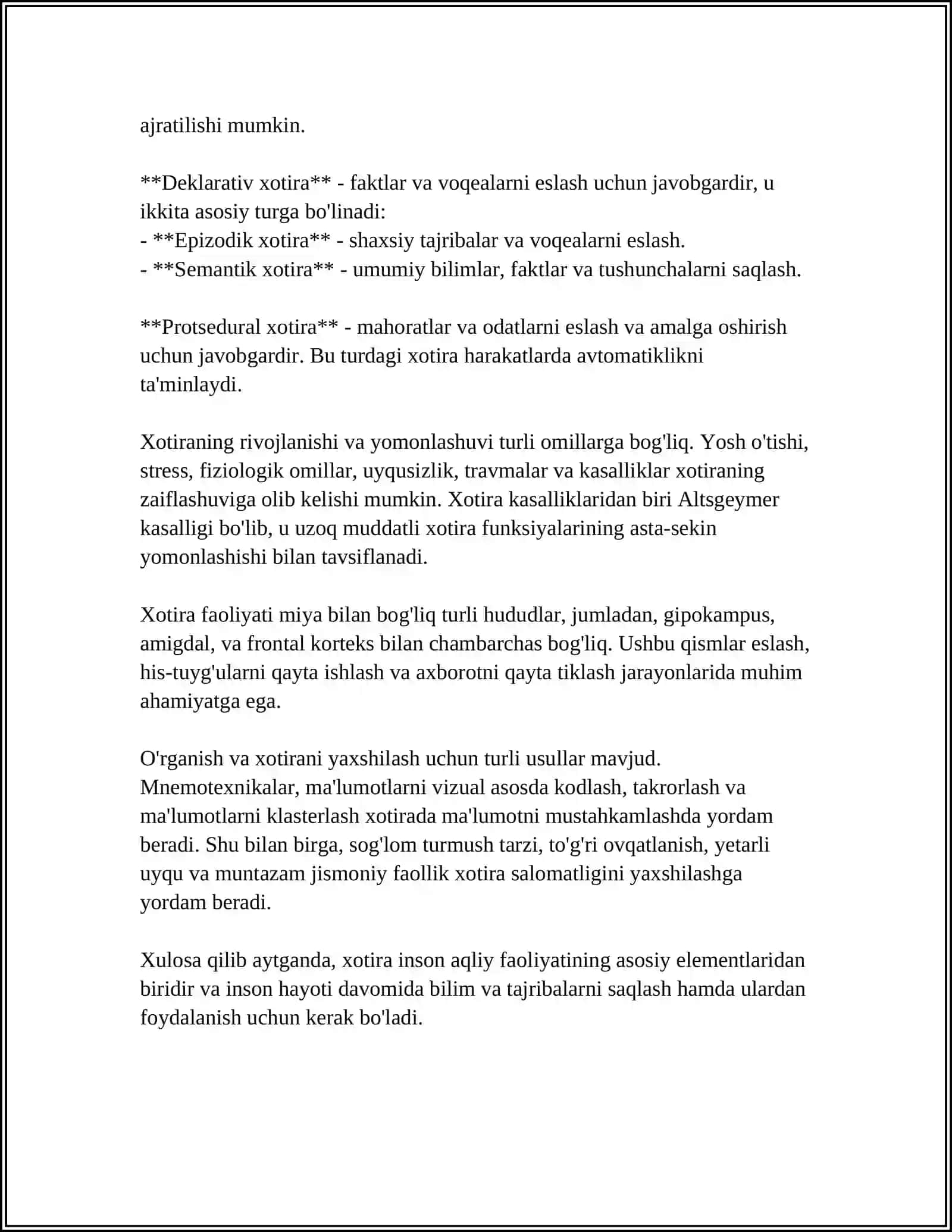 XOTIRA HAQIDA TUSHUNCHA.XOTIRA TURLARI.XOTIRA HAQIDA UMUMIY MAʼLUMOT 4