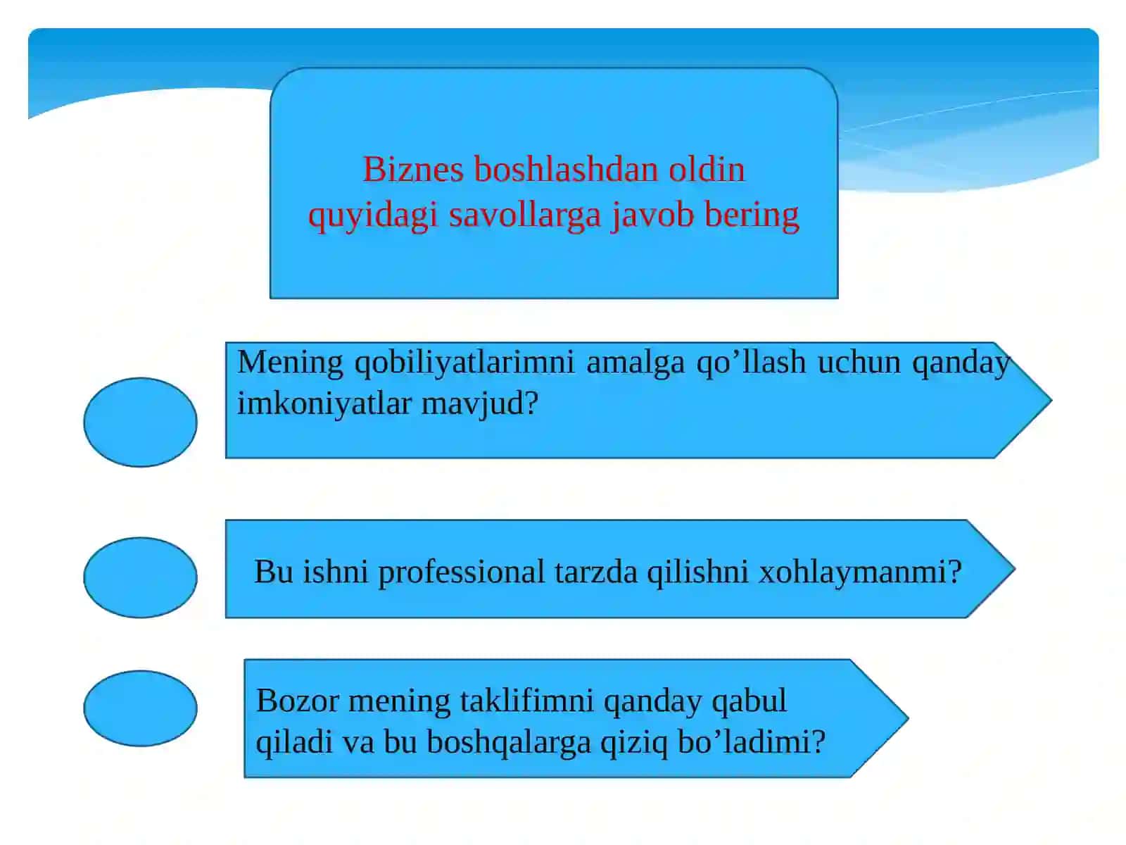 Biznes boshlashdan oldin quyidagi savollarga javob bering 4