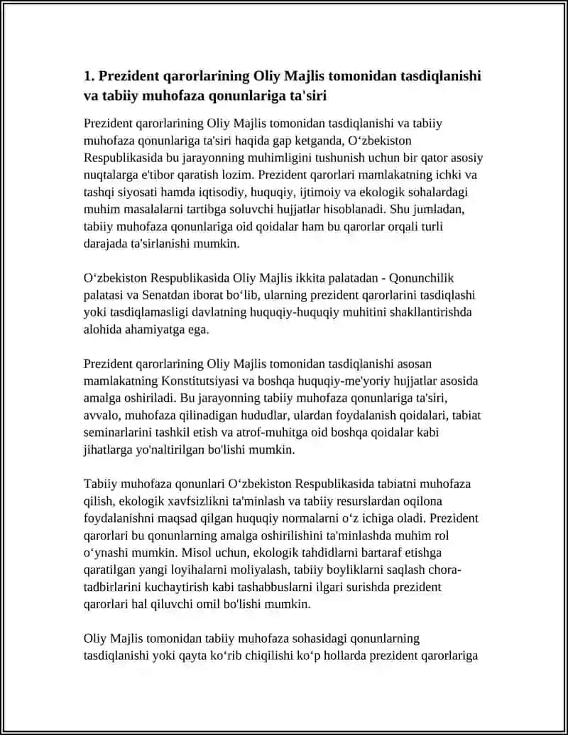 PREZIDENT QARORLARINI OLIY MAJLIS TOMONIDAN CHIQARILADIGAN TABIATNI MUHOFAZA QILISHGA DOIR QONUNLARNI ÓRGANISH 4
