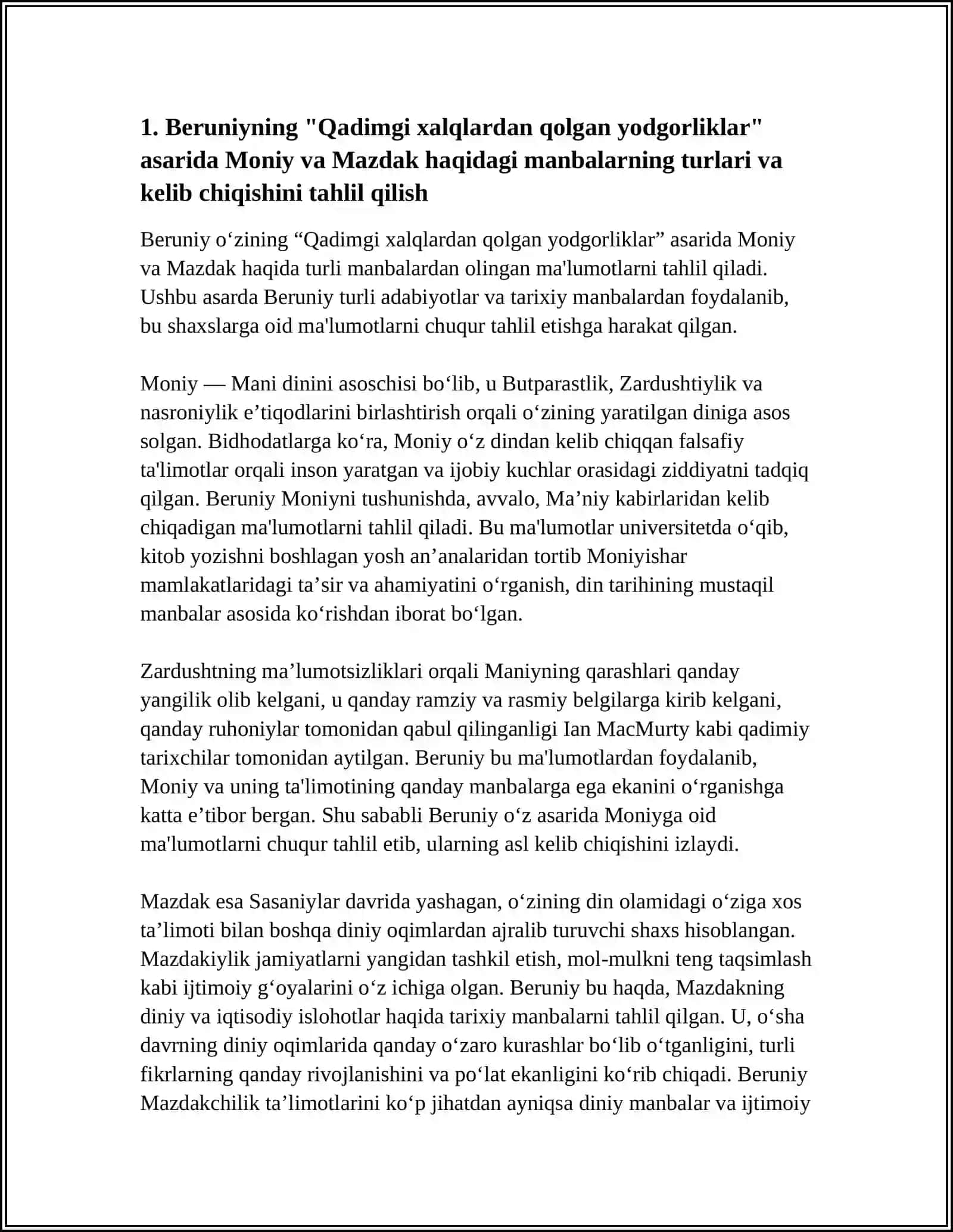 BERUNIYNING "QADIMGI XALQLARDAN QOLGAN YODGORLIKLAR" ASARIDAN MONIY VA MAZDAK HAQIDAGI MA'LUMOTLARNI O'QIB TAHLIL QILISH 4