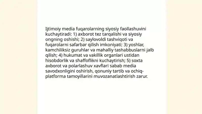 O’zbekistonning demokratiya sari taraqqiyotida, fuqarolarning ijtimoiy hayotdagi ishtirokining faollashuvida media va axborotning ahamiyati 4