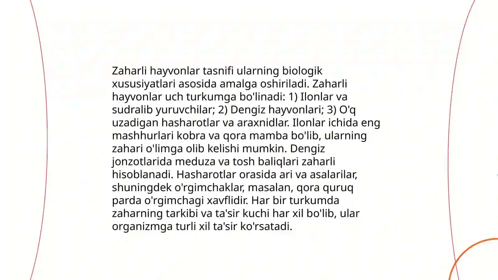 Zaharli hayvonlar. Tasnifi. Hayvon zaharlari. Zaharli hayvonlar chaqqanda birinchi yordam 4