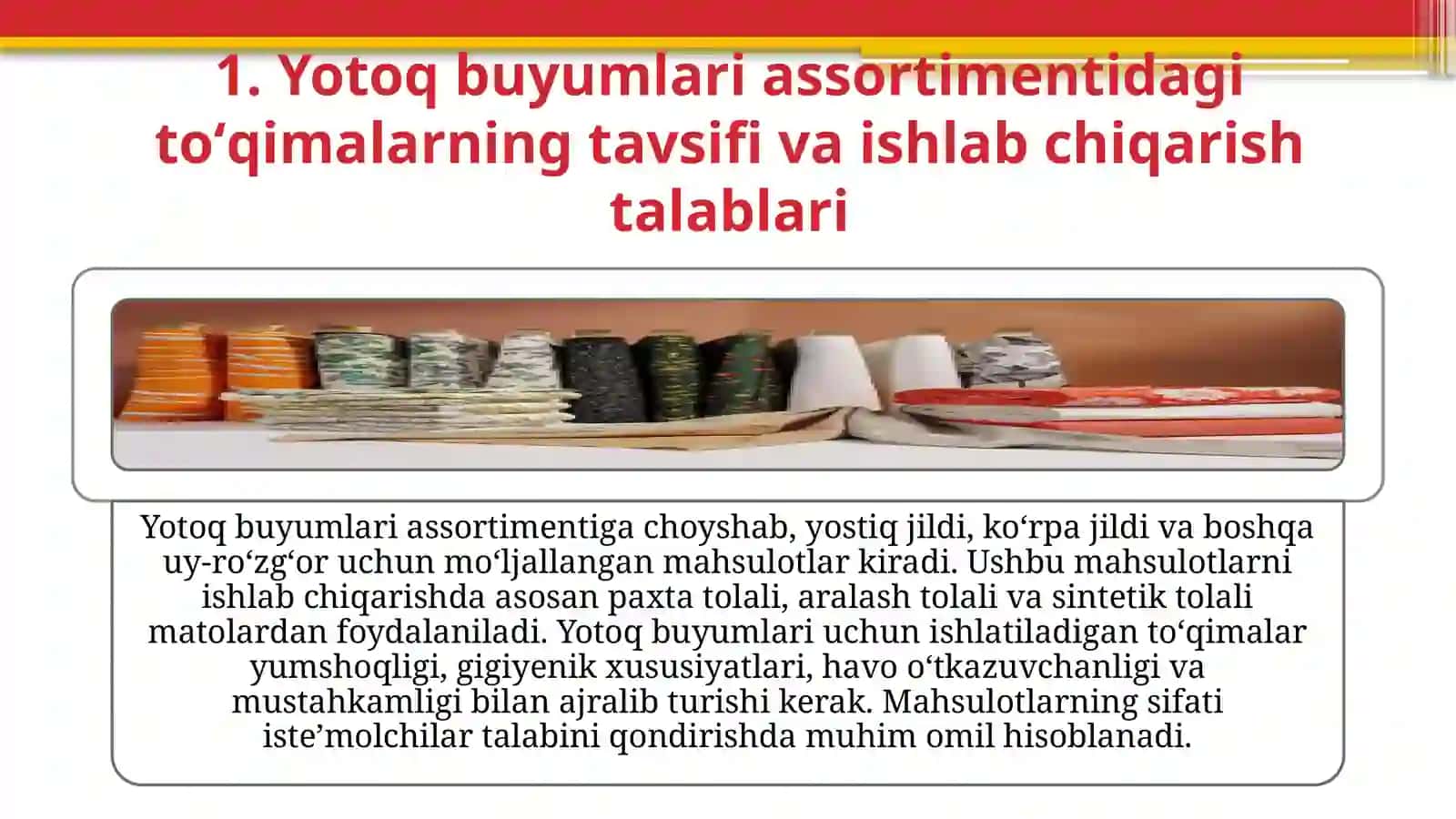 Fargʻona viloyati Rishton tumanida yotoq buyumlari assortimentidagi toʻqima ishlab chiqarish tsexini loyihalash 4