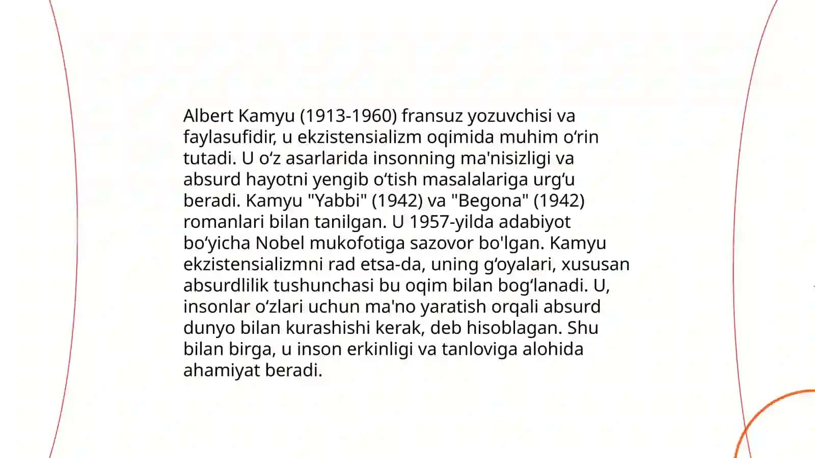 Ekzistensializm. A. kamyu. " Begona" romanining tahlili 4