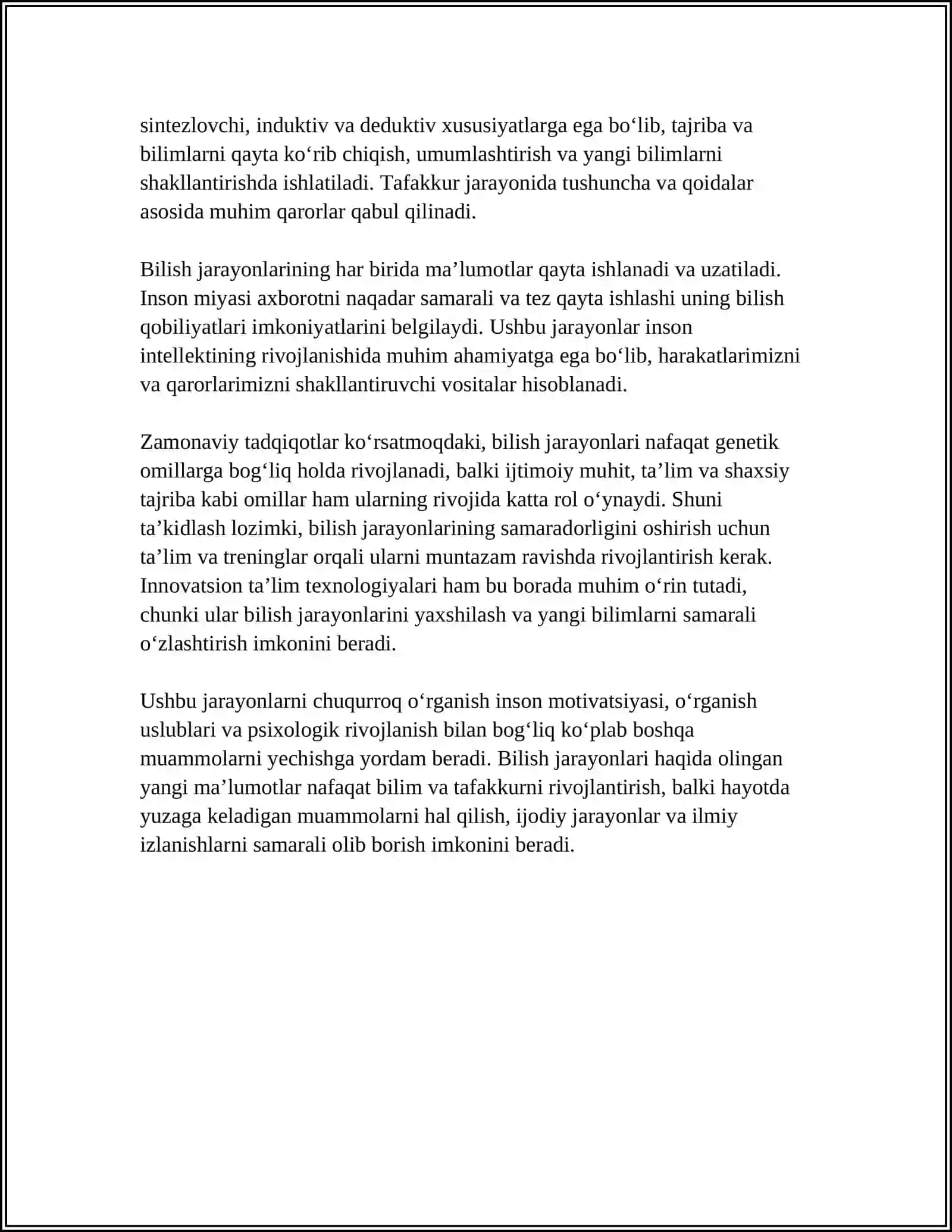 BILISH JARAYONLARINI TEKSHIRISH METODIKALARINI O'RGANISH VA QO'LLASH USULLARI. KREATIVLIK. KREATIVLIKKA XOS XUSUSIYATLAR 4