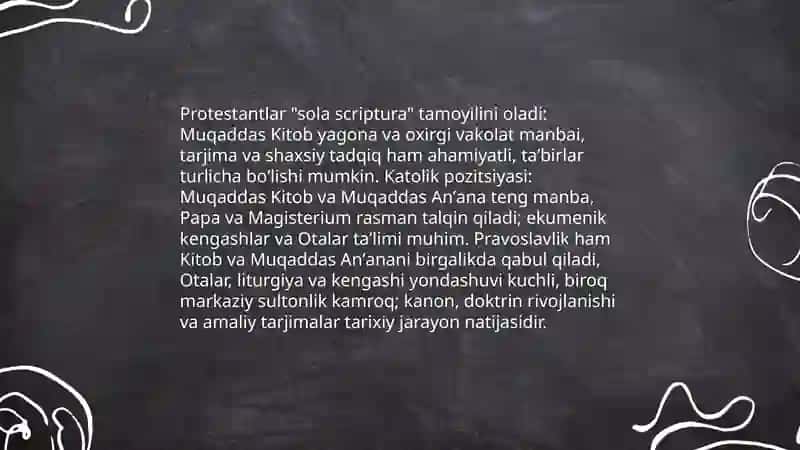 Xristianlikdagi asosiy oqimlar katalik pravaskov protestantizm oqimlar qarashlar oʻrtasidagi farqlar 4