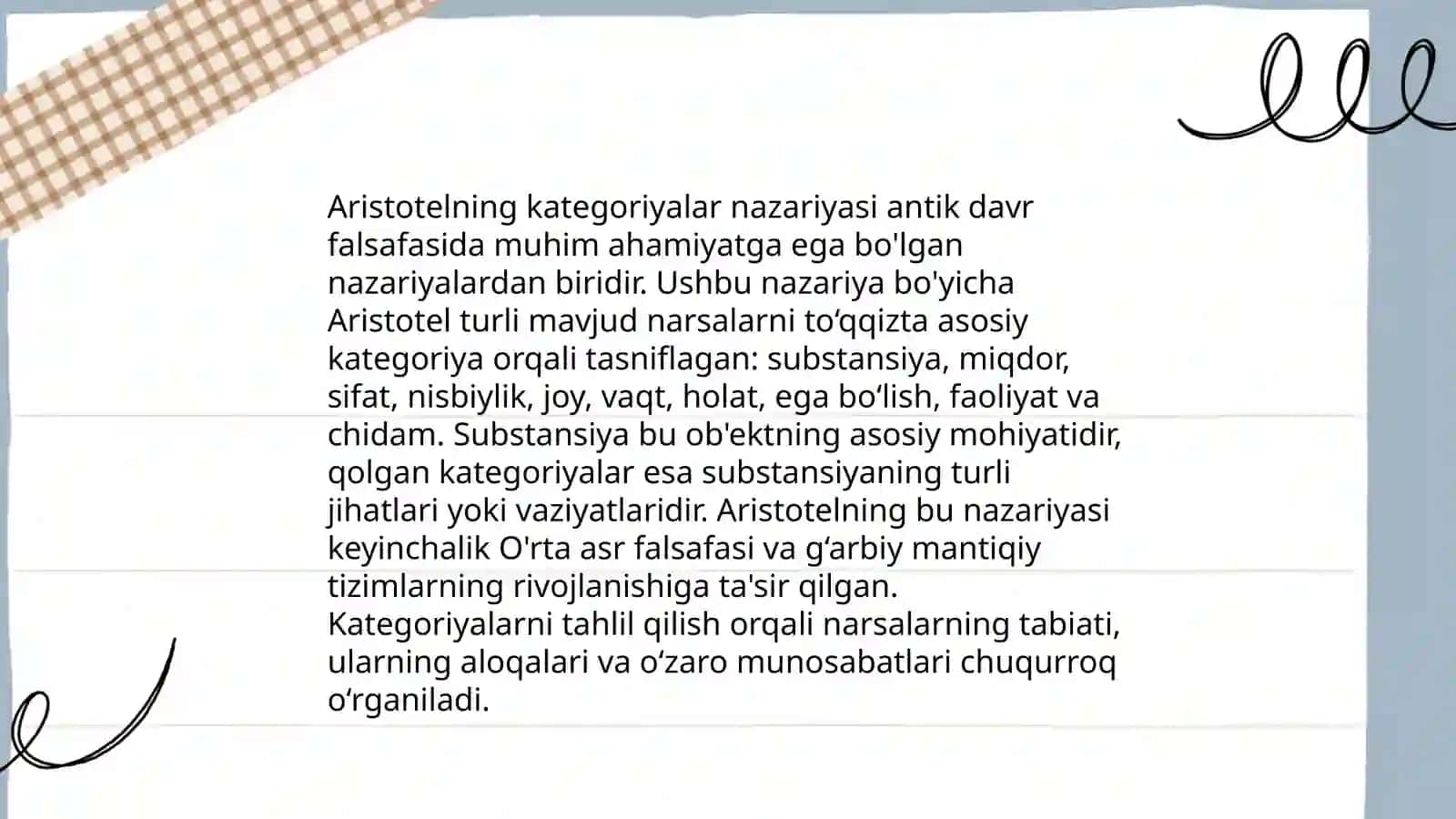 Aristototel,Farobiy va Kand ontologiyasida kategoriyalarning tasnifi 4