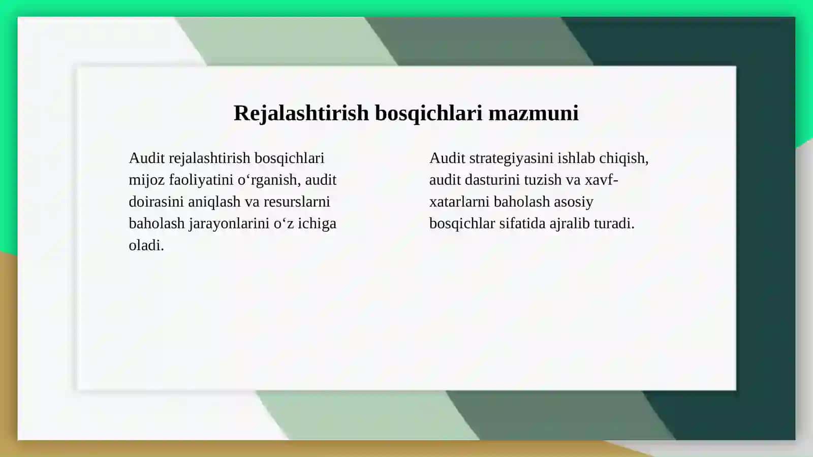ISA 300 standarti asosida auditni rejalashtirish bosqichlari qanday ketma-ketlikda amalga oshiriladi? 4