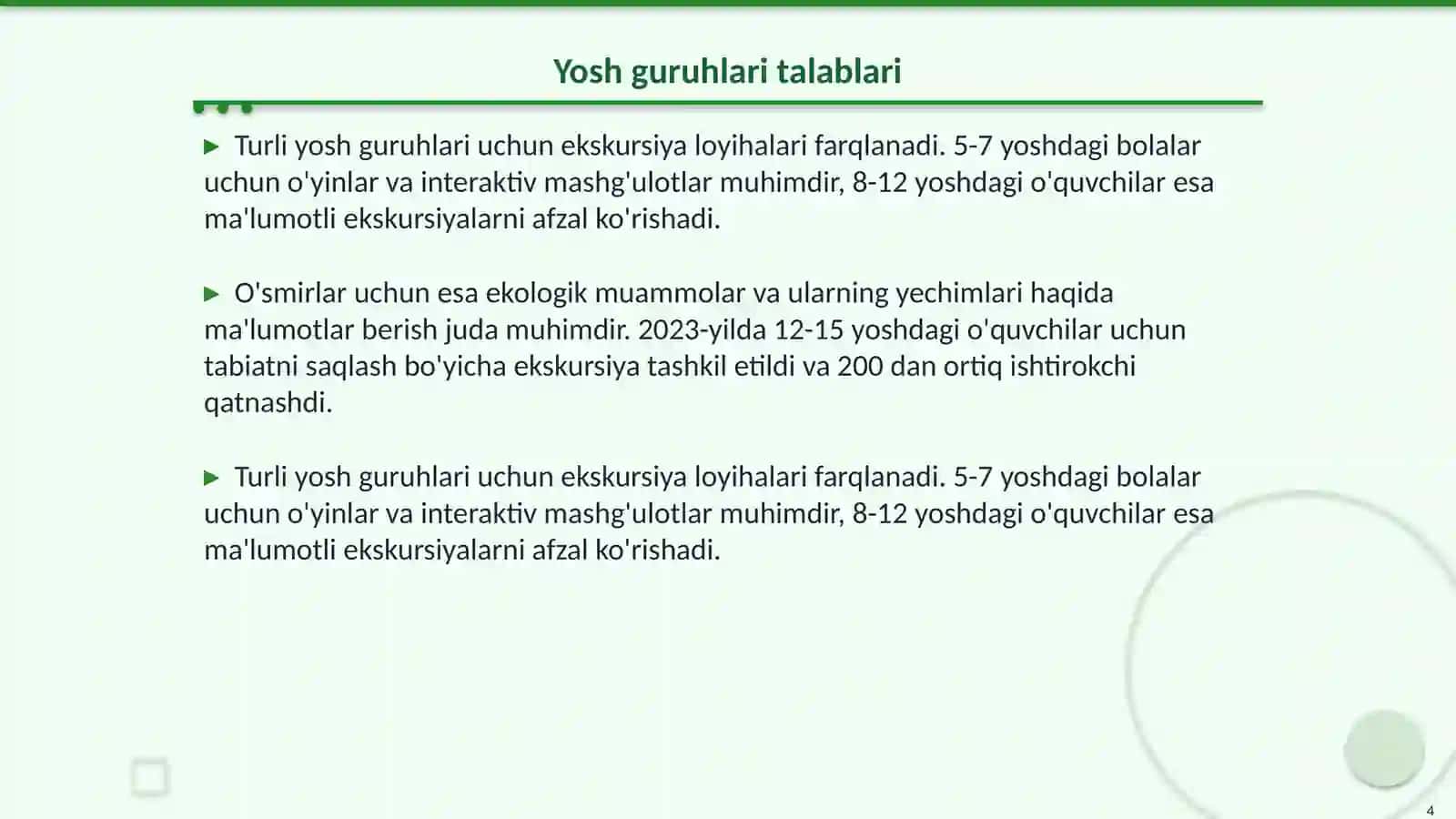 Turli fasllarda turli yosh guruhlarida tabiatga ekskursiyani loyihalashtirish 4