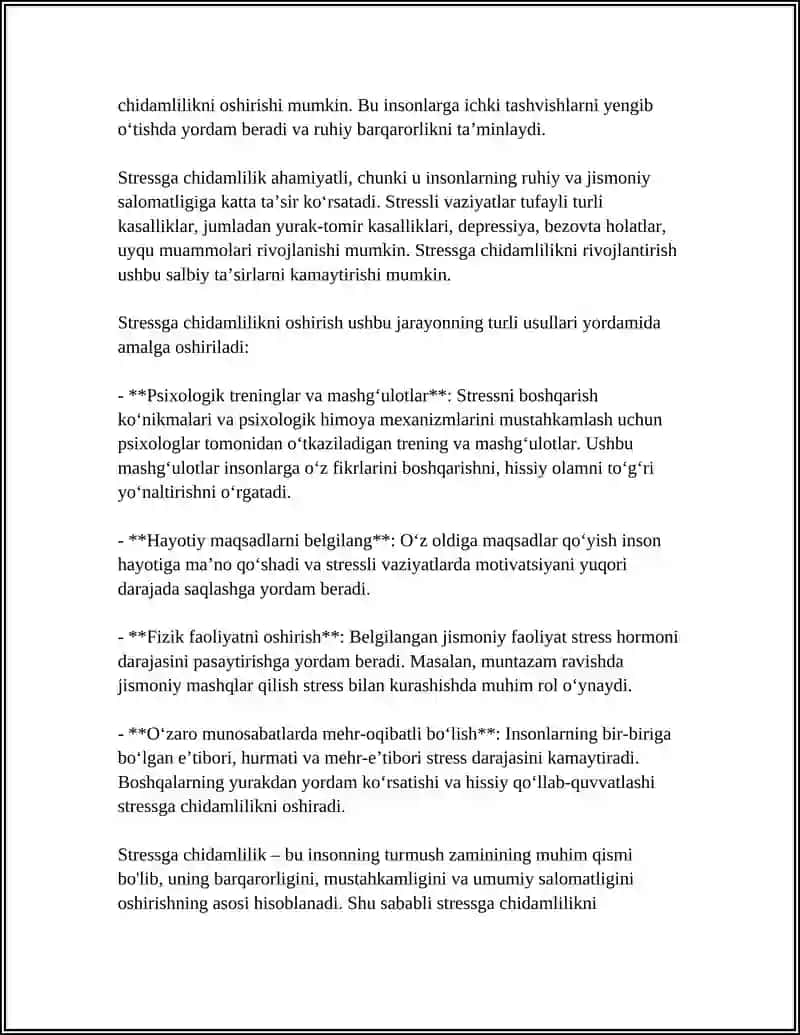 SHAXSDAGI STRESGA CHIDAMILIKNI SHAKLANTIRISH 4