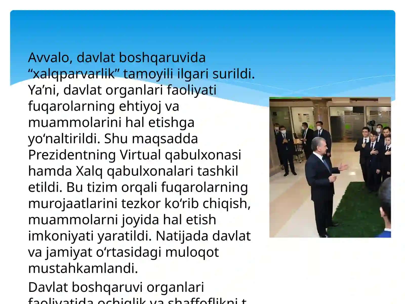 Yangi O’zbekistonda Prezident Sh.M.Mirziyoyev rahbarligi va tashabbusi ostida amalga oshirilayotgan islohotlar 4
