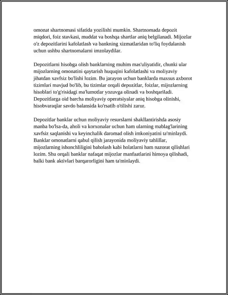 BANKLARDA DEPOZITLARNI QABUL QILISHNI RASMIYLASHTIRISH VA HISOBGA OLISH 4
