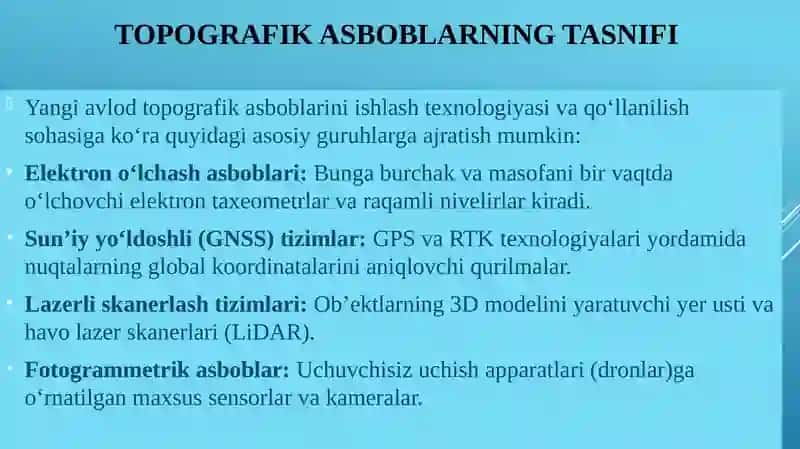 Yangi texnologiyalarga asoslangan asboblardan topografiyada foydalanish 4