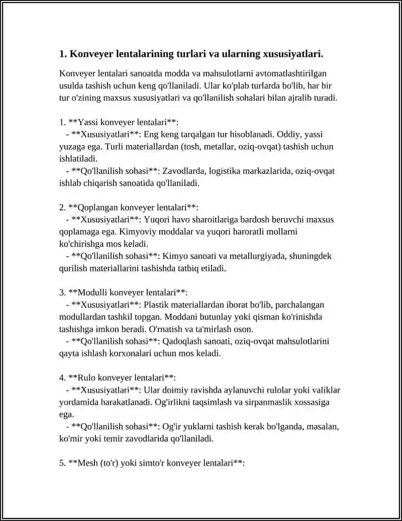 KONVEYER LENTALARI TURLARI VA XUSUSIYATLARI 4