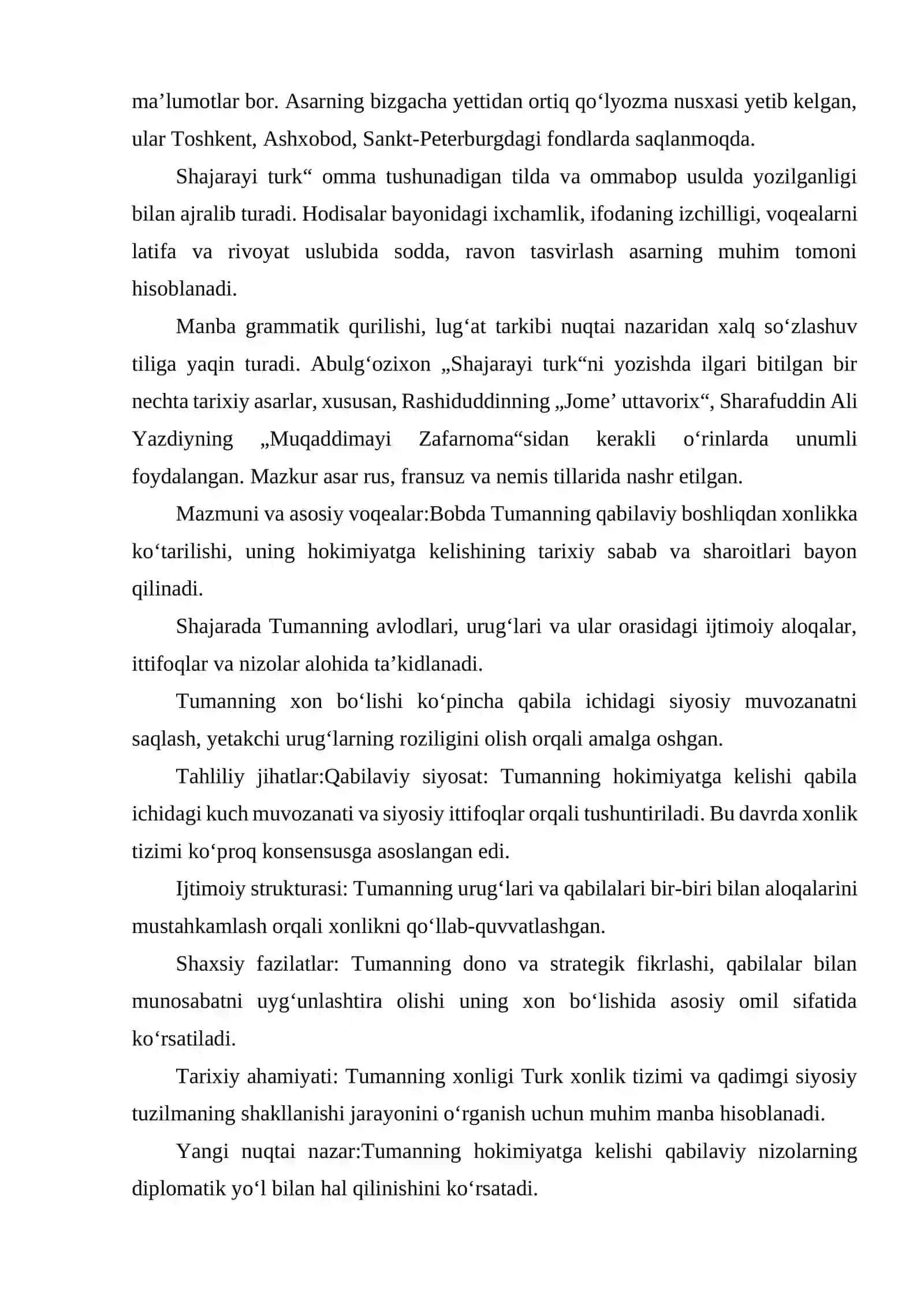 "SHAJARAYI TURK"DAGI TUMANNING XON BOʻLGANI ZIKRI "VA "MURYOVNING XON BOʻLGANI ZIKRI "BOBI TAHLILI 4